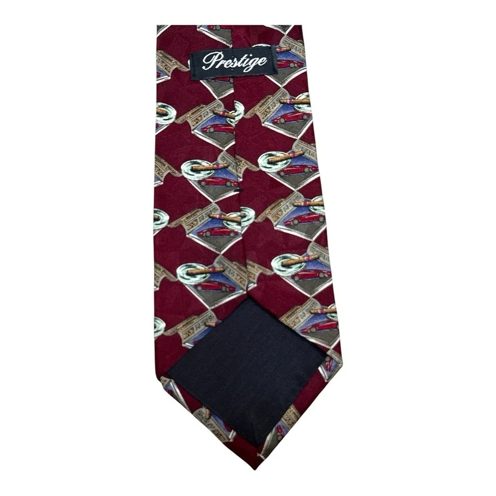 Prestige Silk Magazine Panel Tie Classic Car Cigar Ashtray Maroon 57.5 x 4 USA